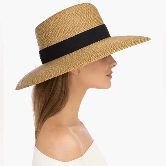 Eric Javits Daphne Tan Wide-Brim Straw Fedora Hat with Black Band - Picture 2 of 11